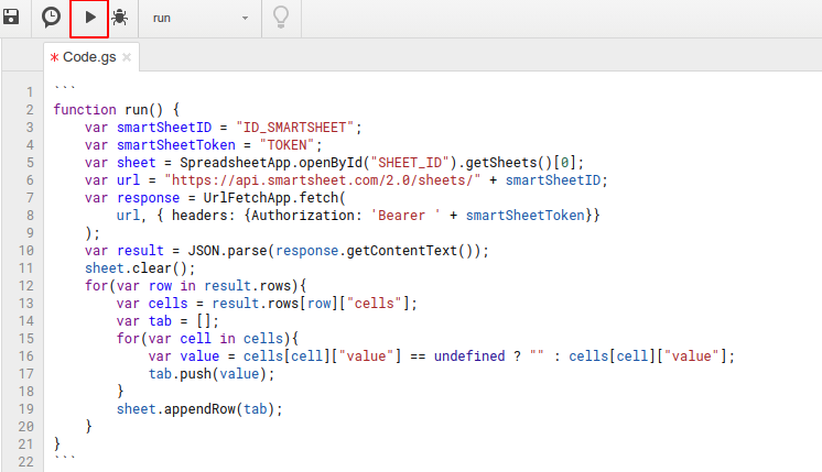 Google Script Run button