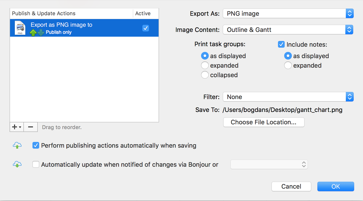 OmniPlan Configure Publishing & Subscriptions